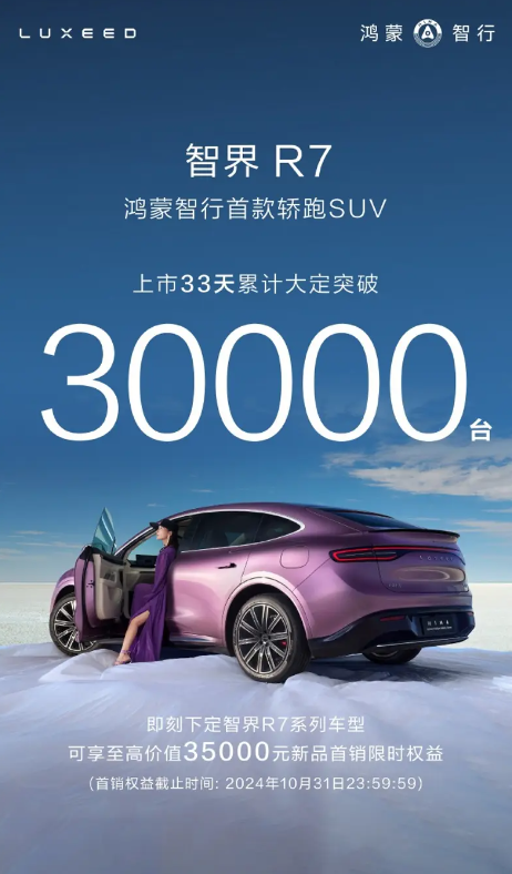 特斯拉Model Y迎來(lái)最強(qiáng)對(duì)手！智界R7上市33天大定超3萬(wàn)臺(tái)