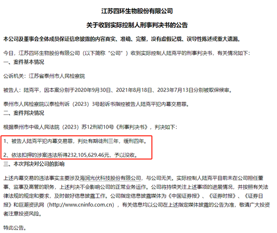 四環(huán)生物實(shí)控人陸克平犯內(nèi)幕交易罪，被判處有期徒刑三年緩刑四年、沒(méi)收違法所得2.32億元
