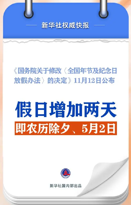 春節(jié)和勞動節(jié)各增1天！2025年放假安排來了