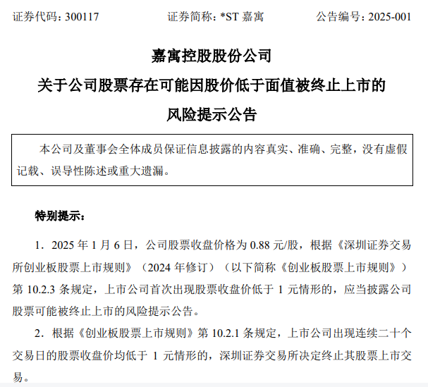 *ST嘉寓提示存在“面值退”風(fēng)險(xiǎn)，收盤價(jià)首次低于1元/股