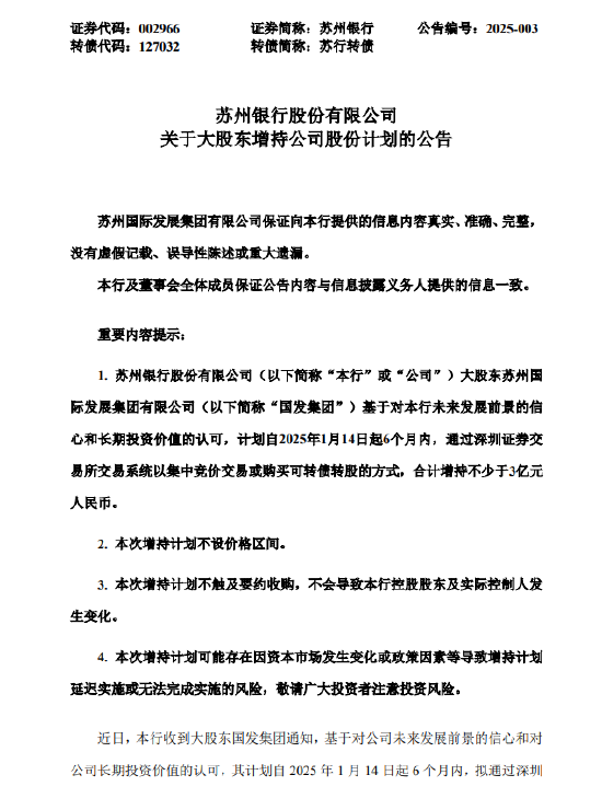 蘇州銀行：大股東國發(fā)集團(tuán)計劃增持不少于3億元公司股份