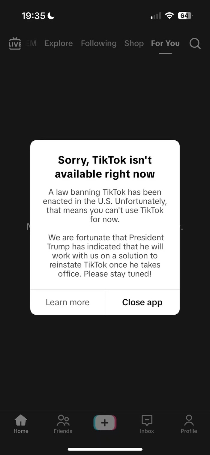 TikTok停止在美服務(wù)，稱特朗普表示上任后將共同尋求恢復(fù)其使用