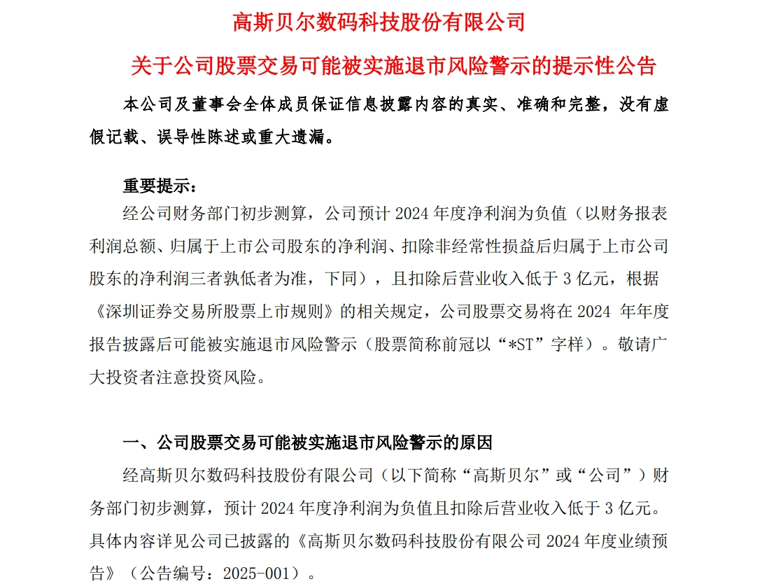 A股公司高斯貝爾公告：可能被*ST！發(fā)生了什么？