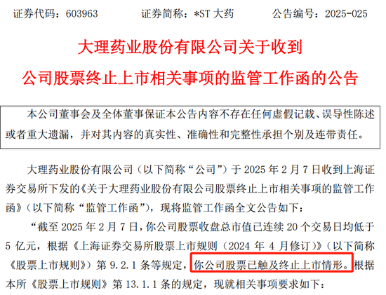 *ST大藥觸及交易類強(qiáng)制退市指標(biāo)，自2月10日起停牌