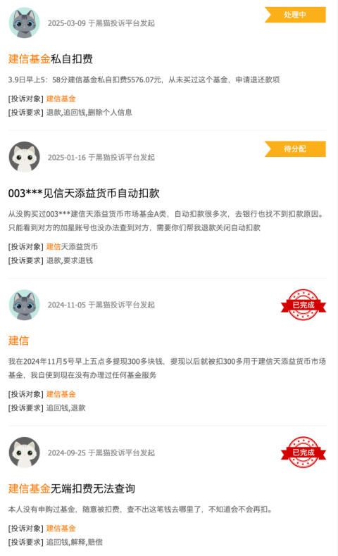 315在行動 | 建信基金收到8起投訴，投訴內容主要為無故扣費且查不出明細
