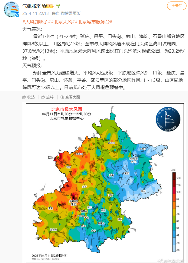 北京門(mén)頭溝區(qū)高山玫瑰園陣風(fēng)已達(dá)13級(jí)