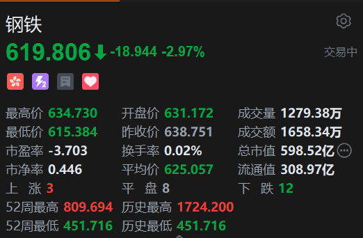恒生科技指數(shù)、國企指數(shù)跌幅擴大至3%，鋼鐵股集體下挫