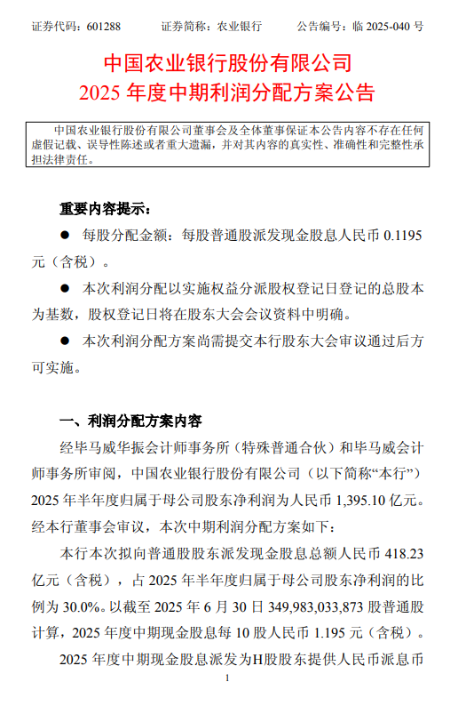 農(nóng)行發(fā)布中期利潤(rùn)分配方案：擬每10股派發(fā)現(xiàn)金股息人民幣1.195元
