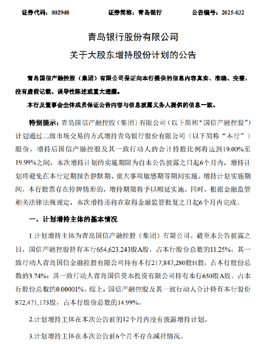 青島銀行：大股東國(guó)信產(chǎn)融控股計(jì)劃增持 增持后持股比例將達(dá)19.00%至19.99%之間